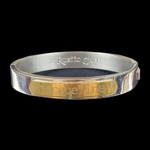 Jacqueline The Rustic Cuff Bracelet Shiny Silver Gold Tone Hinged ID ~6 7/8"